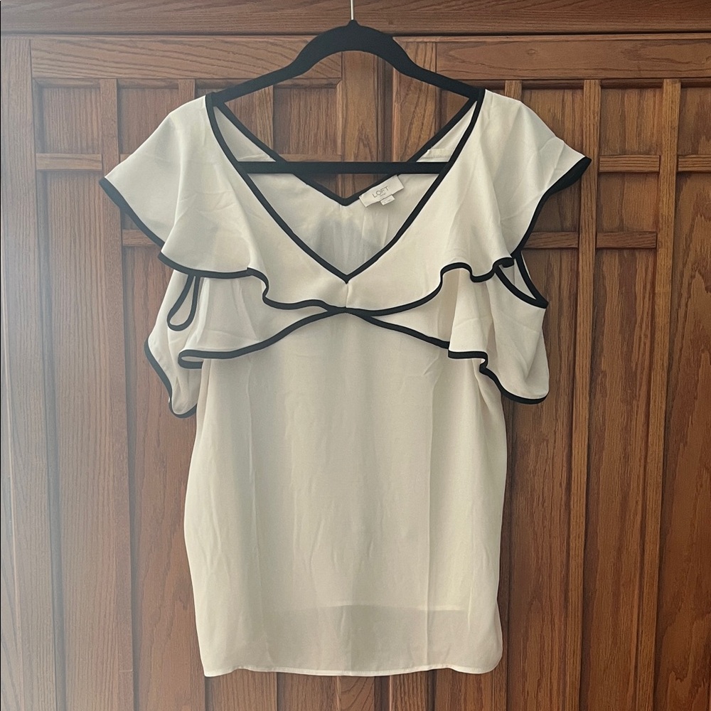 LOFT White and Black Ruffled Blouse